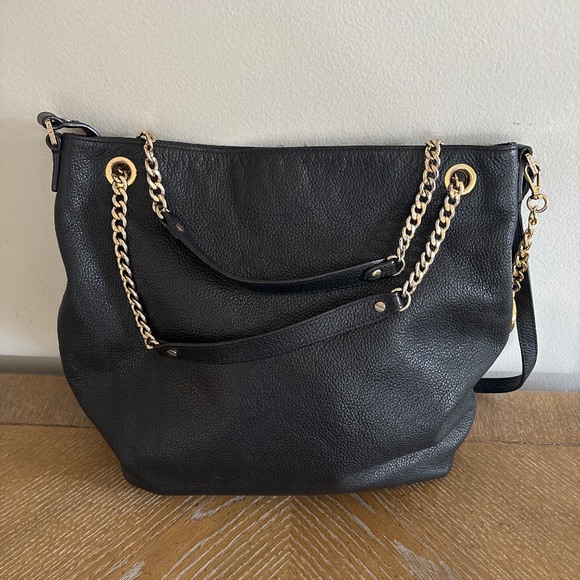 Michael Kors Black Leather Gold Chain Jet Set Hobo Shoulder Tote Crossbody - Picture 4 of 6